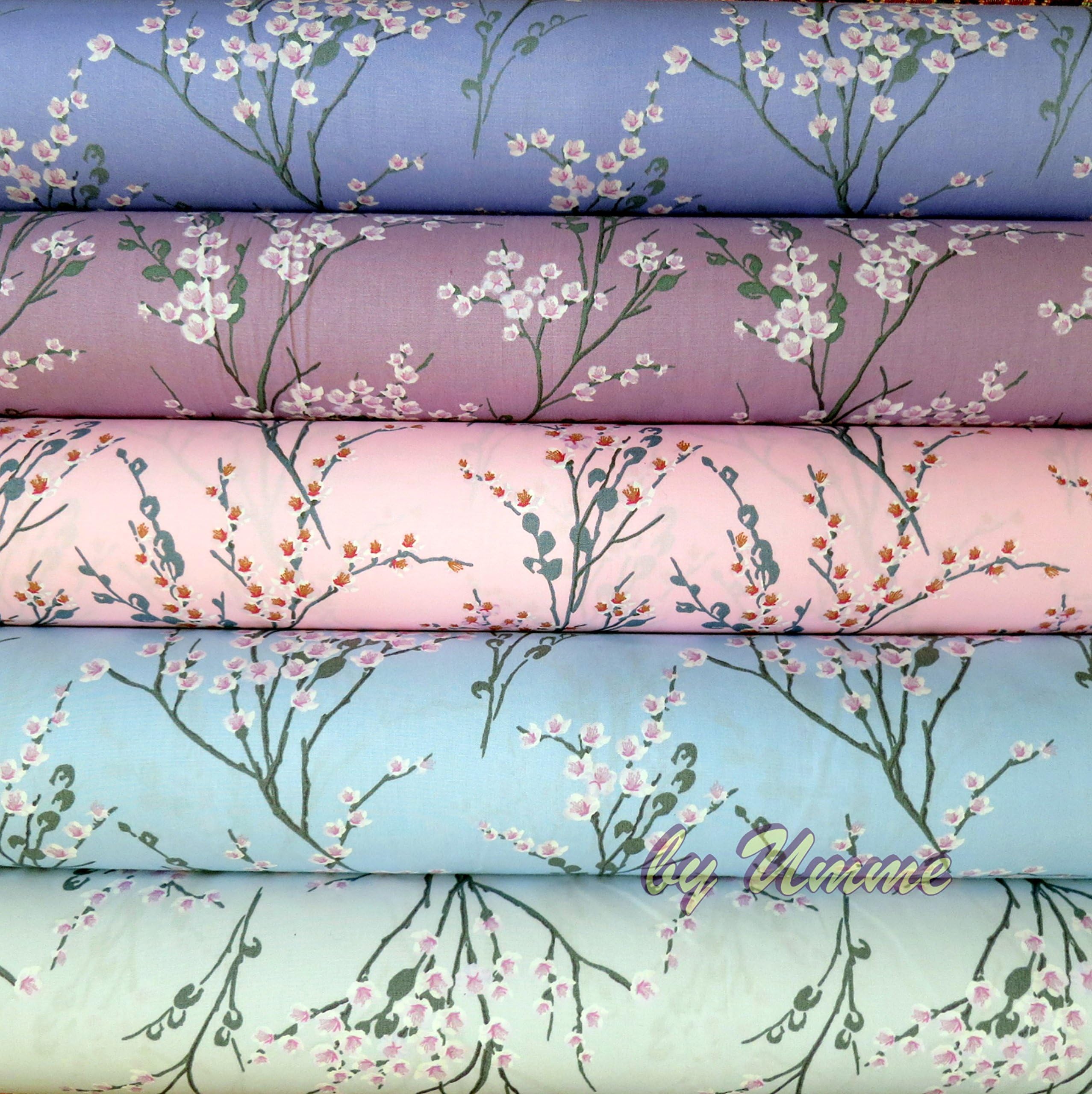 Pastel Rose - 5 Fat Quarters Bundle Japanese Blossom - 100% Cotton Poplin Fabric Material
