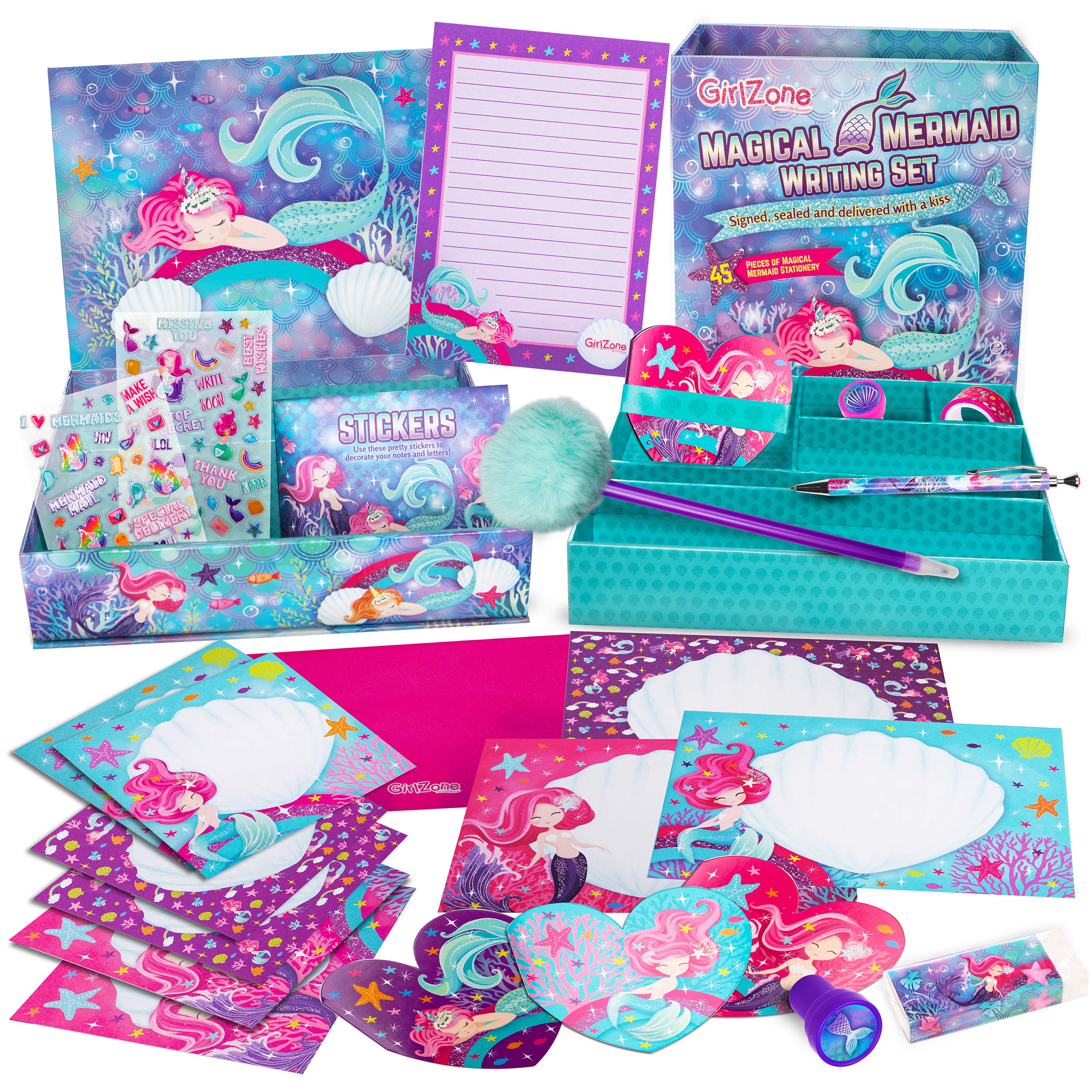 GirlZone Mermaid Stationary Gift Set for Girls, 45-Piece Letter Writing Kit with Envelopes, Paper, Cards, and More, Great Mermaid Gifts for Girls 9-12