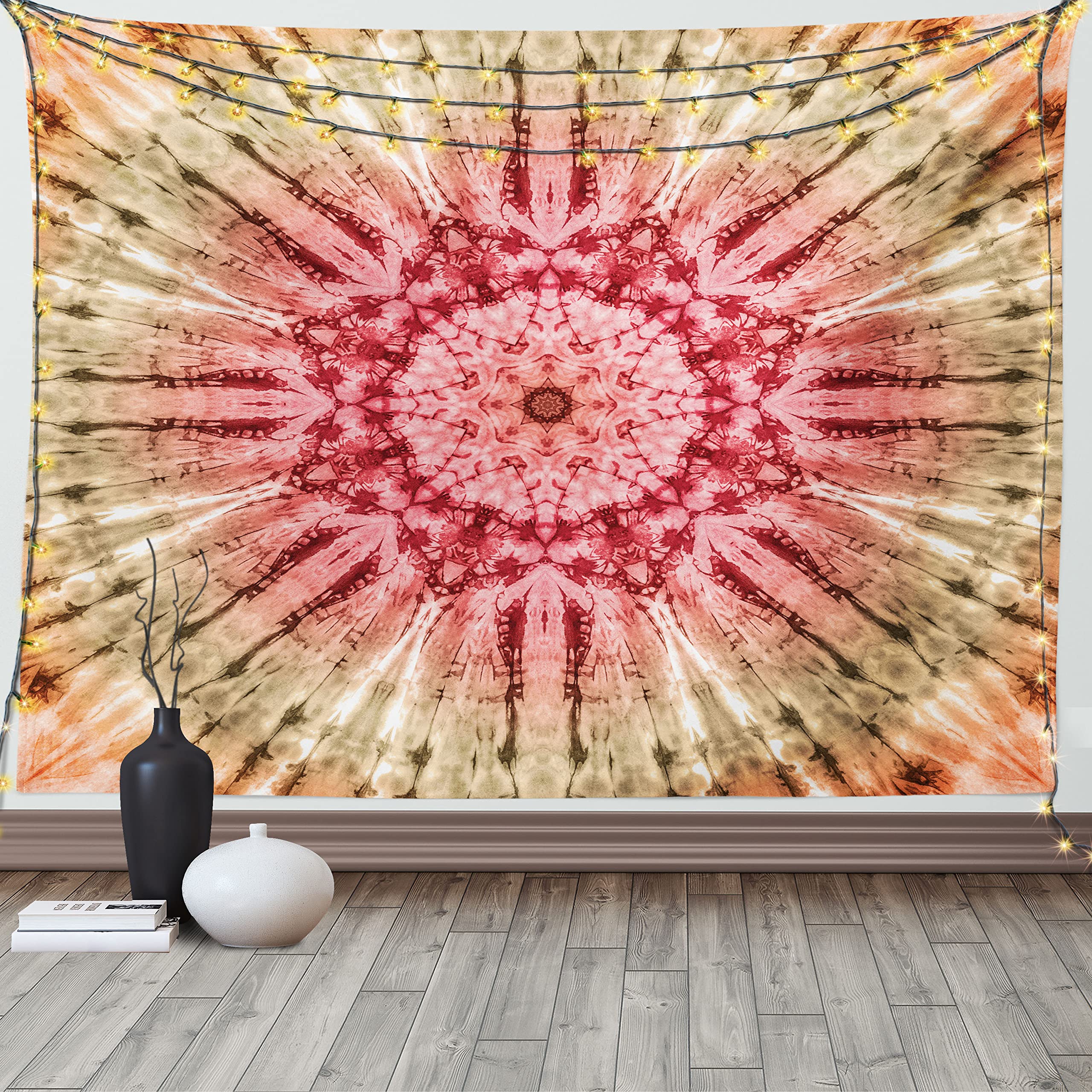 ABAKUHAUS Batik Tapestry, Gradient Circle Batik Pattern with Spectral Pleats and Distressed Spots Image Print, Fabric Wall Hanging Decor for Bedroom Living Room Dorm, 90 W X 54 L, Red Brown