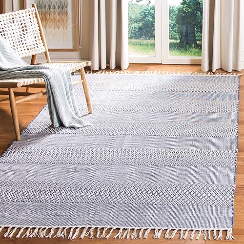 Safavieh Montauk Collection MTK330B Handmade Tassel Cotton Area Rug, 8' x 8' Square, Ivory / Navy