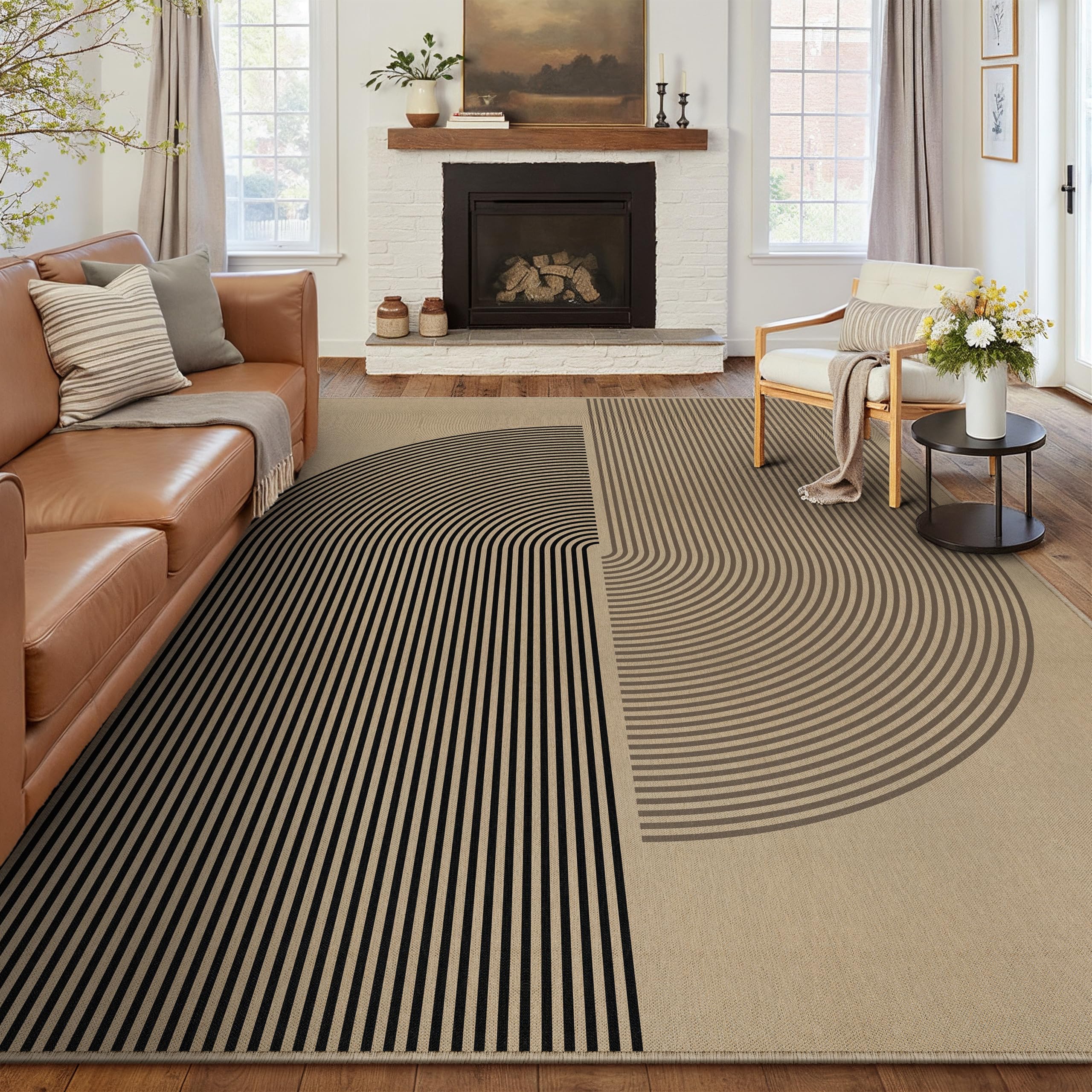 PureCozy 8x10 Rainbow Easy Jute Area Rug for Living Room Large Washable Indoor Outdoor Carpet Farmhouse Patio Office Mat Geometric Line Non Slip Black Carpet for Backyard Dining Room