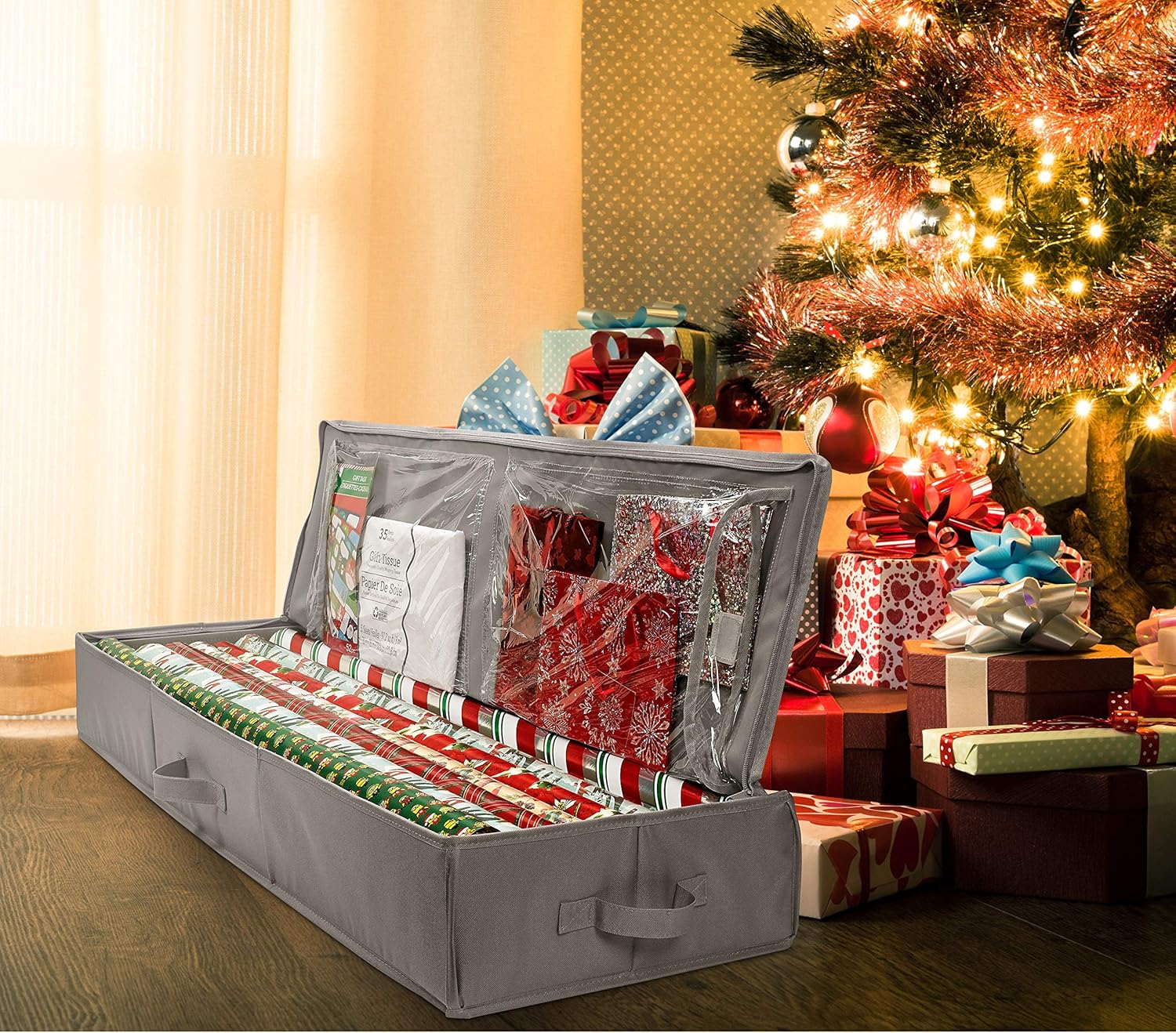Whitmor Christmas Storage Organizer – Durable 600D Material - Spacious Under Bed Holiday Wrapping Paper Storage Container, Storage for Gift Wrapping, Bags, Ribbon, and Bows – Fits up to 40" Rolls: Home & Kitchen