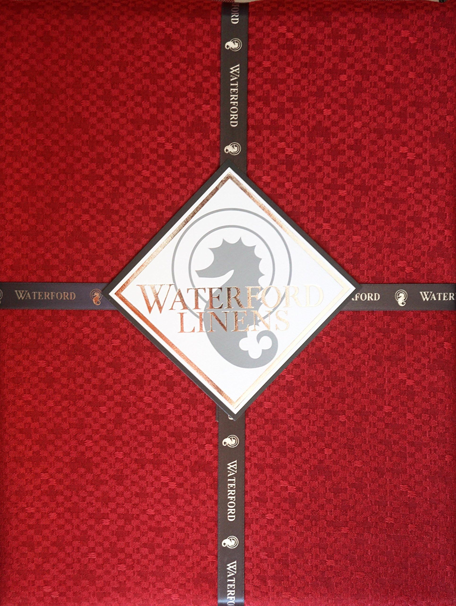 Waterford Linens Fabric Tablecloth Woven Shimmering Red Pattern -- Hamilton, Red -- 70 Inches by 84 Inches