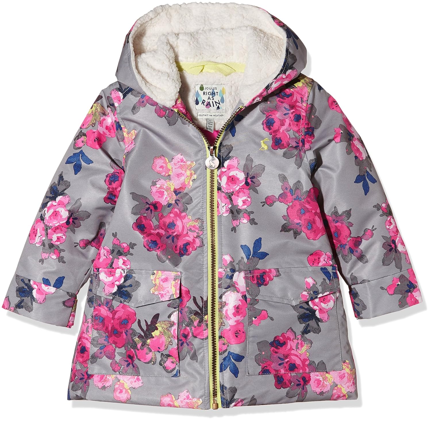 Joules Jnr girls waterproof fleece lined coat Raincoat, (Grey Bloom), 8