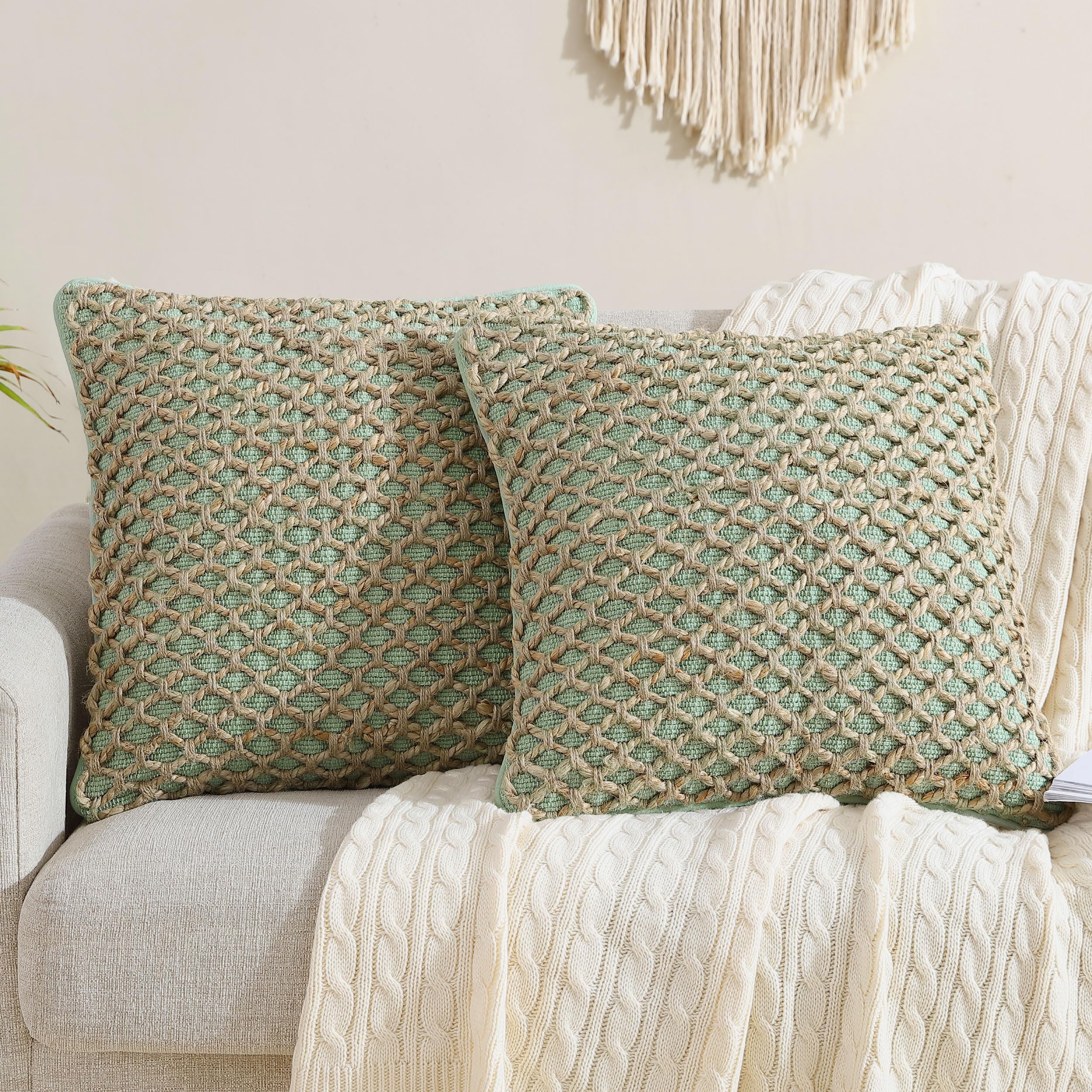 Boho Living Jada Premium Woven Design, Living Room Décor, Decorative Throw, (2) 18" x 18" Pillow Covers with Insert, Sage Green 2 Count Image Boho Living Jada Premium Woven Design, Living Room Décor, Decorative Throw, (2) 18" x 18" Pillow Covers with Insert, Sage Green 2 Count Image