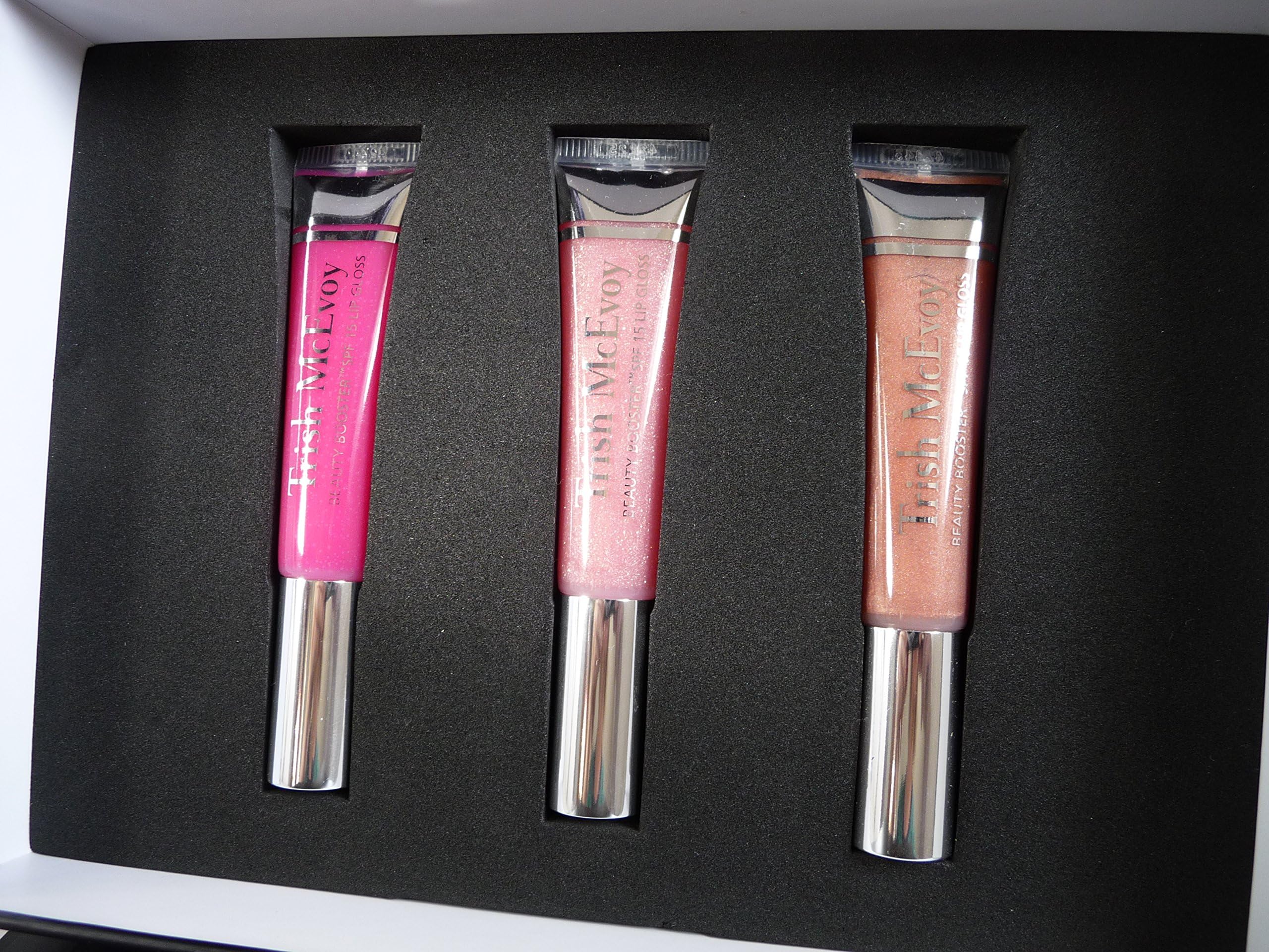 Trish McEvoy Beauty Booster Lip Gloss Gift Set With 3 x Full Size Lip Glosses in Box Sexy Nude, Sexy Petal, Brightening Pink