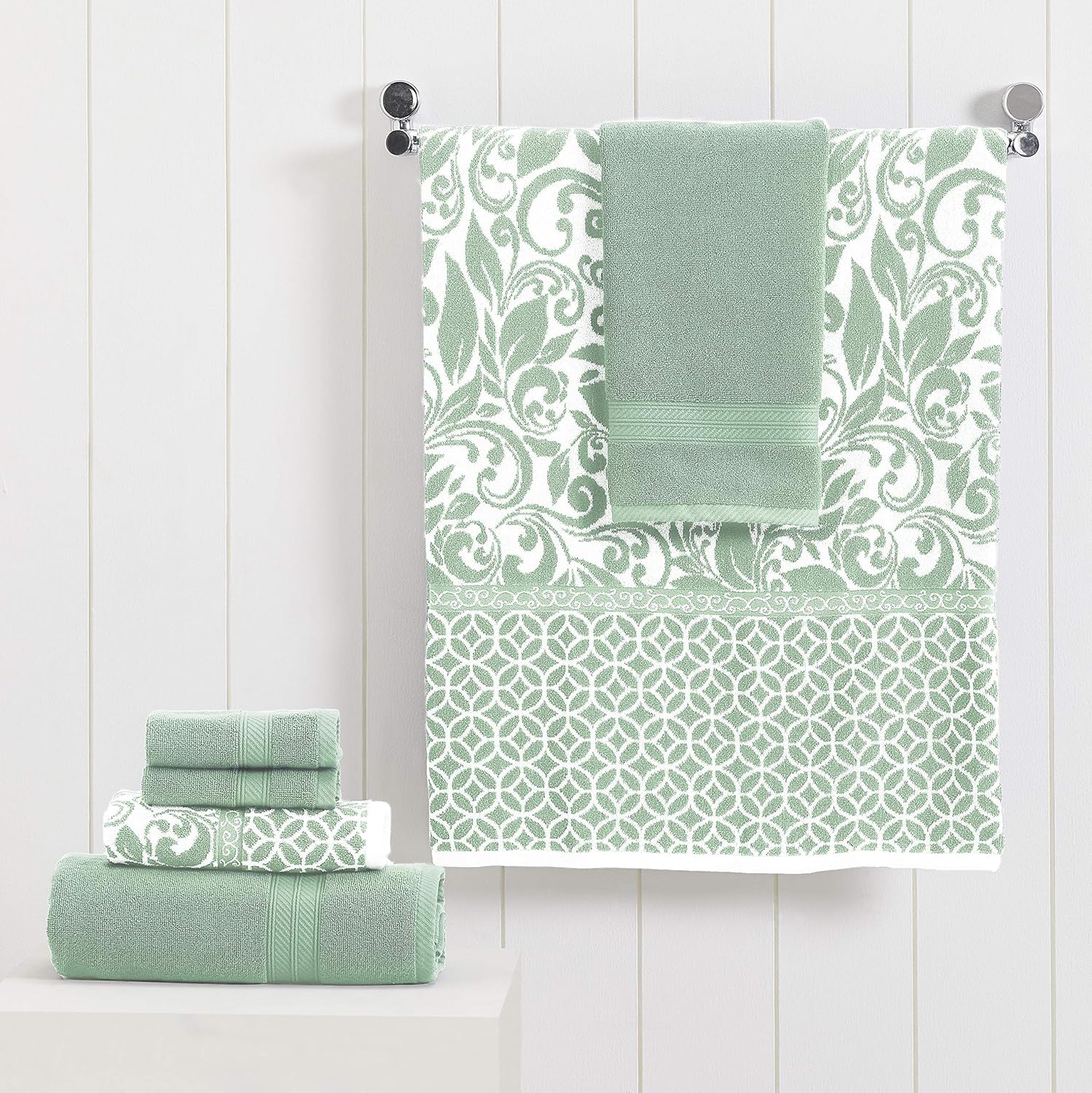 Amrapur Overseas | Trefoil Filigree 6 Piece Reversible Yarn Dyed Jacquard Towel Set (Sage): Home & Kitchen