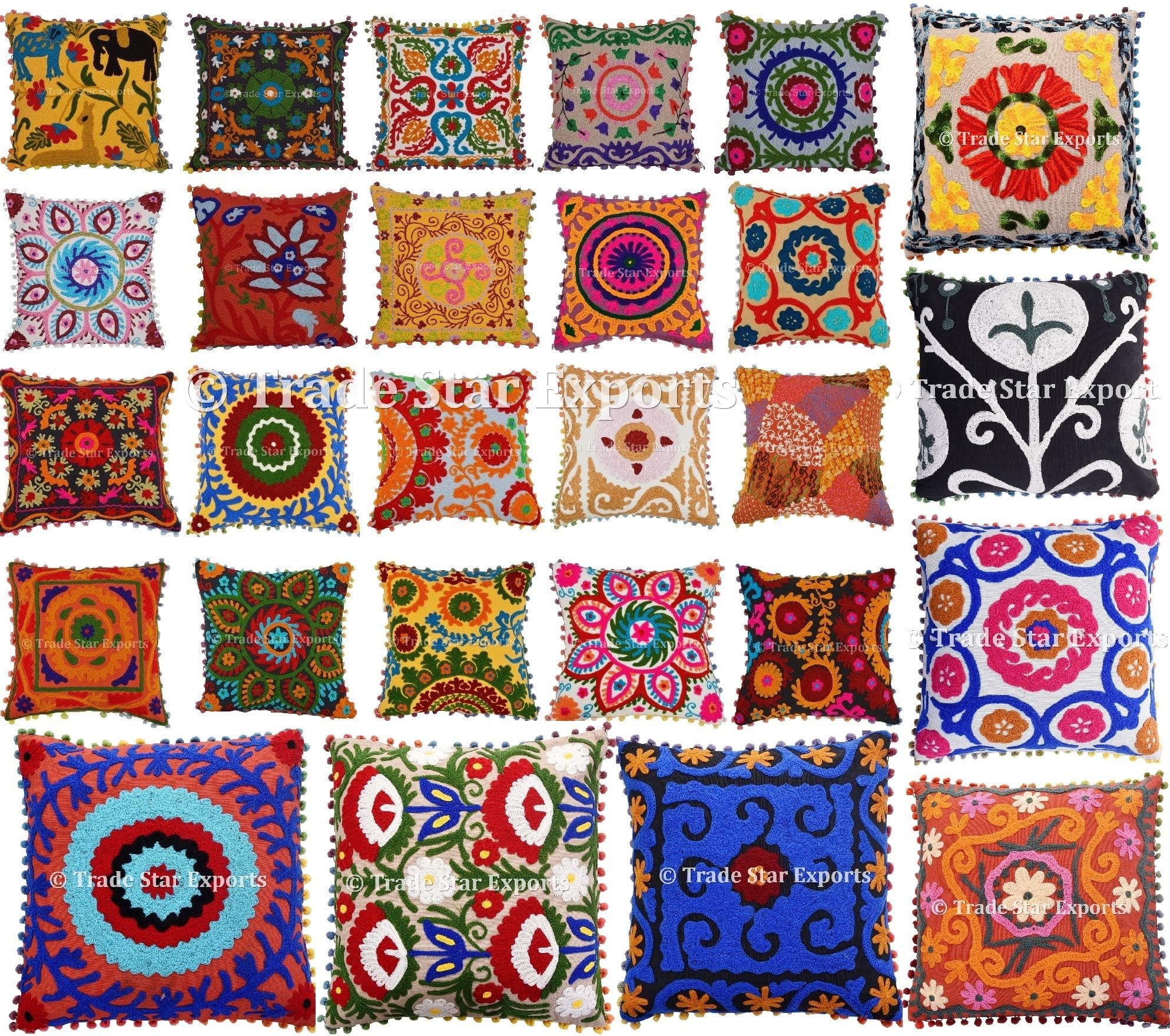 Trade Star Exports 10 Pcs Indian Suzani Cushion, Bohemian Pillow Cases, Pom Pom Cushion Cover, 16x16 Throw Pillows, Decorative Embroidered Pillow Shams (10)