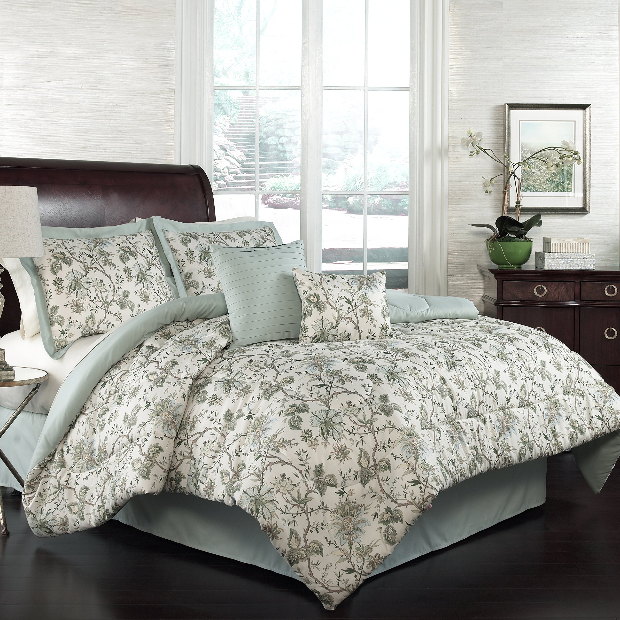 Traditions by Waverly 15224BEDDQUEMNR Felicite 88-Inch by 88-Inch 6-Piece Queen Comforter Collection, Mineral