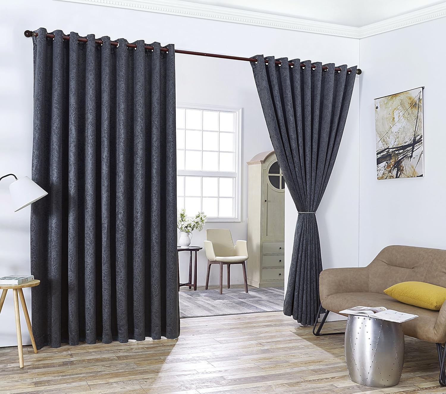 AsaTex Loretta - 1 Embossed Patio Extra Wide Curtain Panel with 16 Grommets - Thermal Weaved Blackout - Noise Reduction Fabric - Ideal for Sliding and Patio Doors (Patio 102 W x 84, Charcoal)