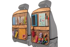 Lusso Gear Kick Mats (2 Pack) - Car Seat Back Protectors, Premium Waterproof Fabric, Reinforced Corners to Prevent Sag, and 4 Mesh Pockets for Large Storage (Tan)