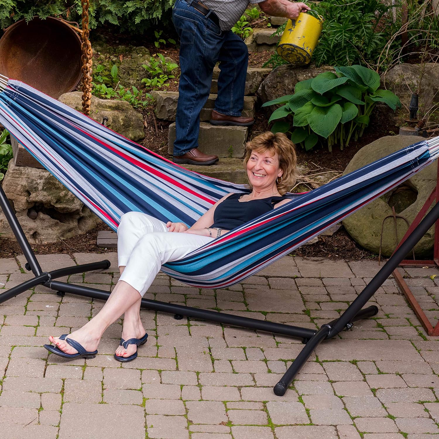 Vivere Double Hammock & 9' Steel Stand Denim