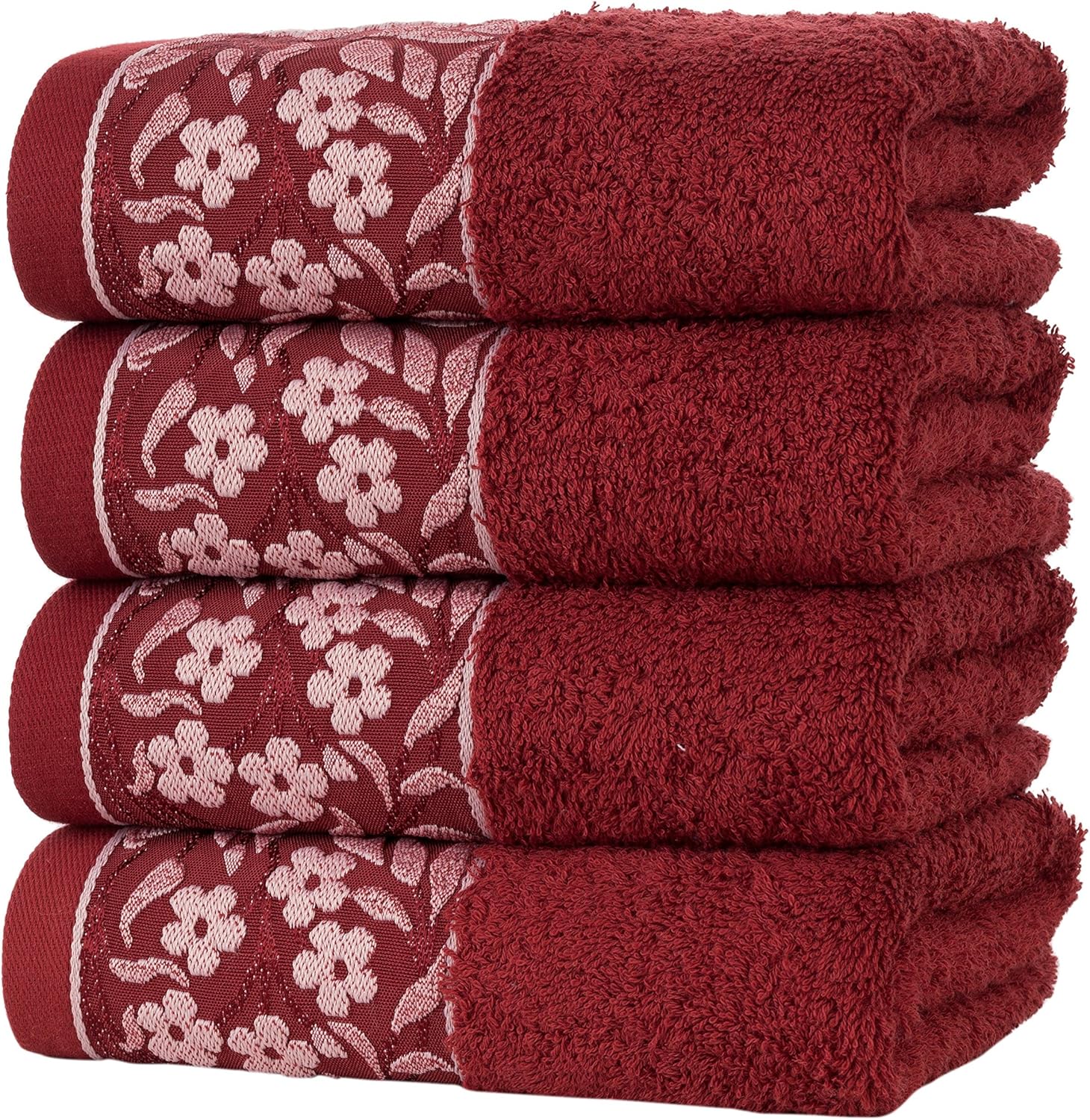 [4-Pack] HYGGE Large Luxury Turkish Cotton Towel Set Soft Plush Kitchen Bathroom Hotel & Spa Decor Hand Towels with Decorative Floral Pattern 19" x 32" (Flamingo Pink): Kitchen & Dining