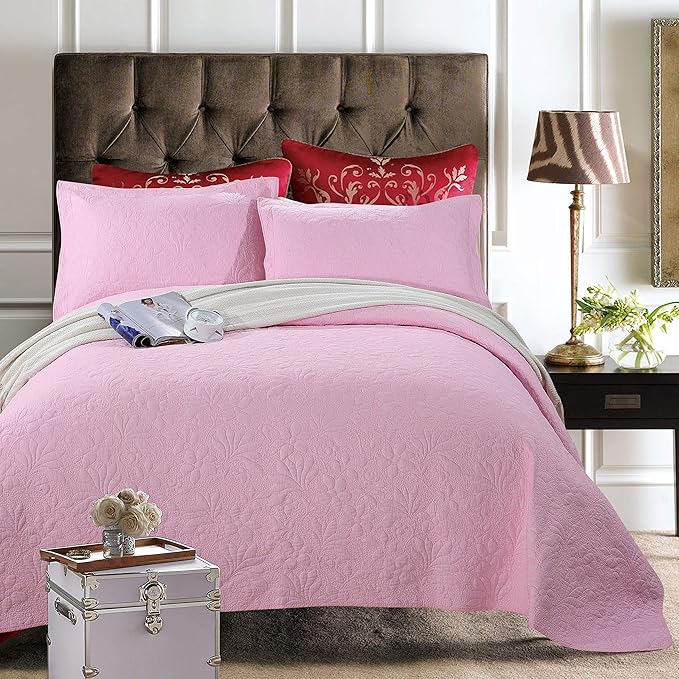 WINLIFE 3Pieces 100 Cotton Bedspread Pink Queen Size