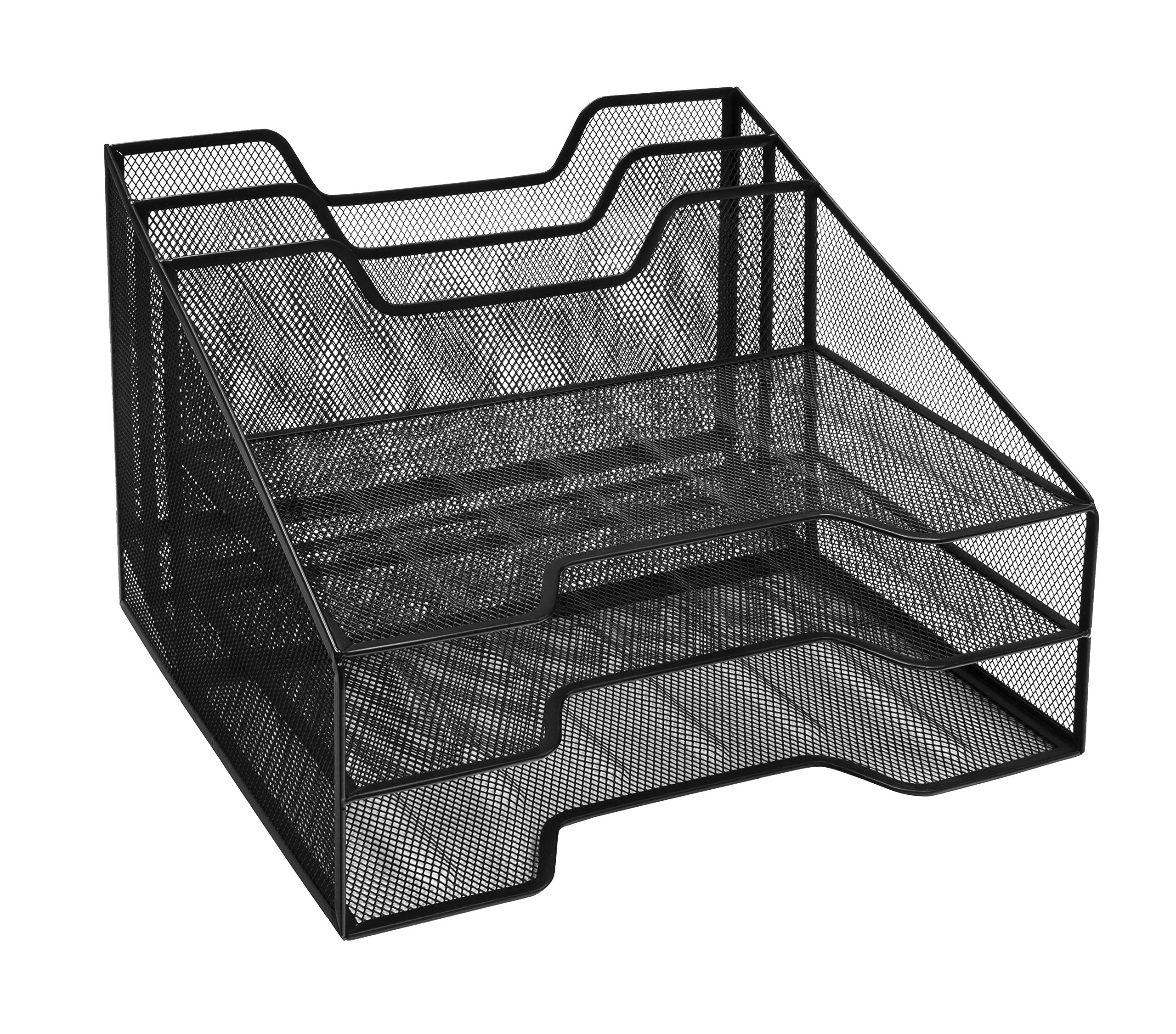 Osco Black Wire Mesh File Organiser, A4 Desk Tidy 5 Section Letter Tray, Office Document Holder, Paper Storage for Home Office, Teacher School Desk Tray, No Assembly Required, 24x32x29 cm