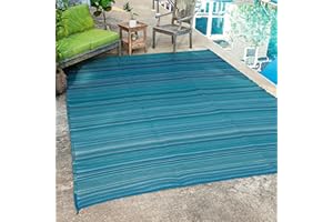 FH Home Outdoor Camping Rug - Waterproof, Fade Resistant, Reversible - Premium Recycled Plastic - Striped - Large Patio, Deck, Sunroom, RV - Havana - Turquoise - 9 x 12 ft Foldable