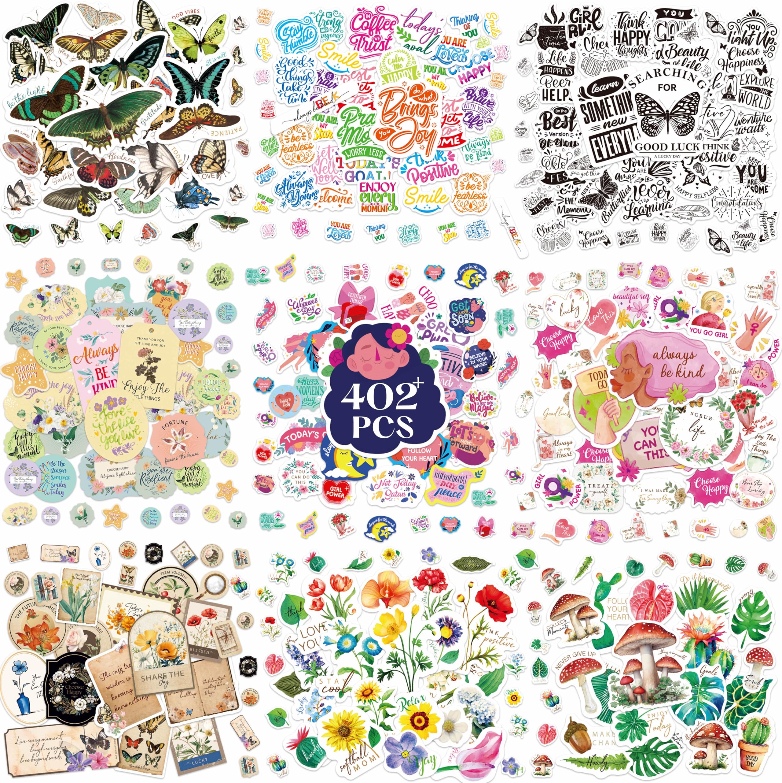 402 PCS Inspirational Quote Stickers, Colorful Water/Tear Resistant Vinyl Stickers Removable Laptop Skateboard Suitcase Computer Phone Planner VSCO Stickers for Adults Girls Women (20 Sheets)