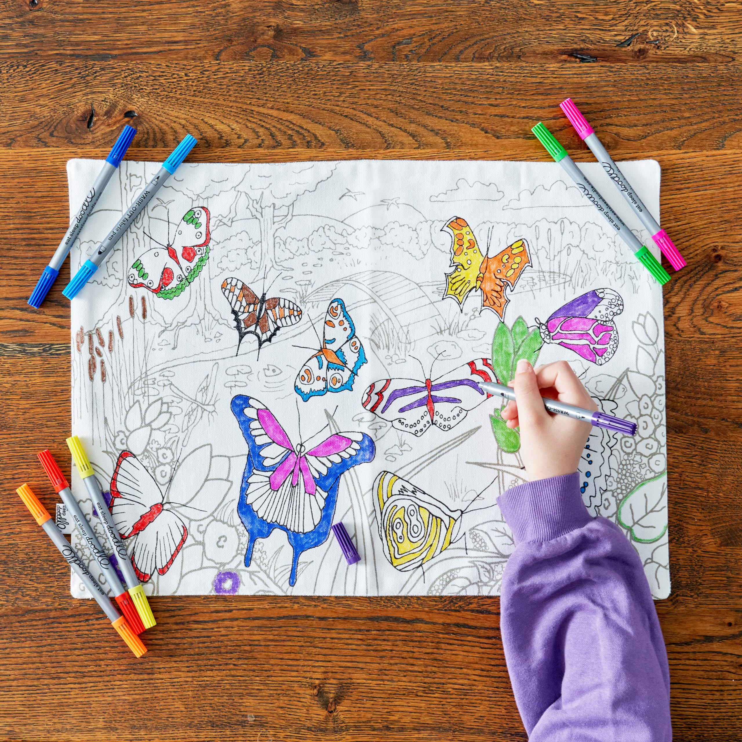 eatsleepdoodle Colouring Placemat for Kids w/ 10pk Washable Markers for Kids - 33x47cm Butterfly Colouring Placemat - Ultra Washable & Reusable Arts and Crafts for Kids