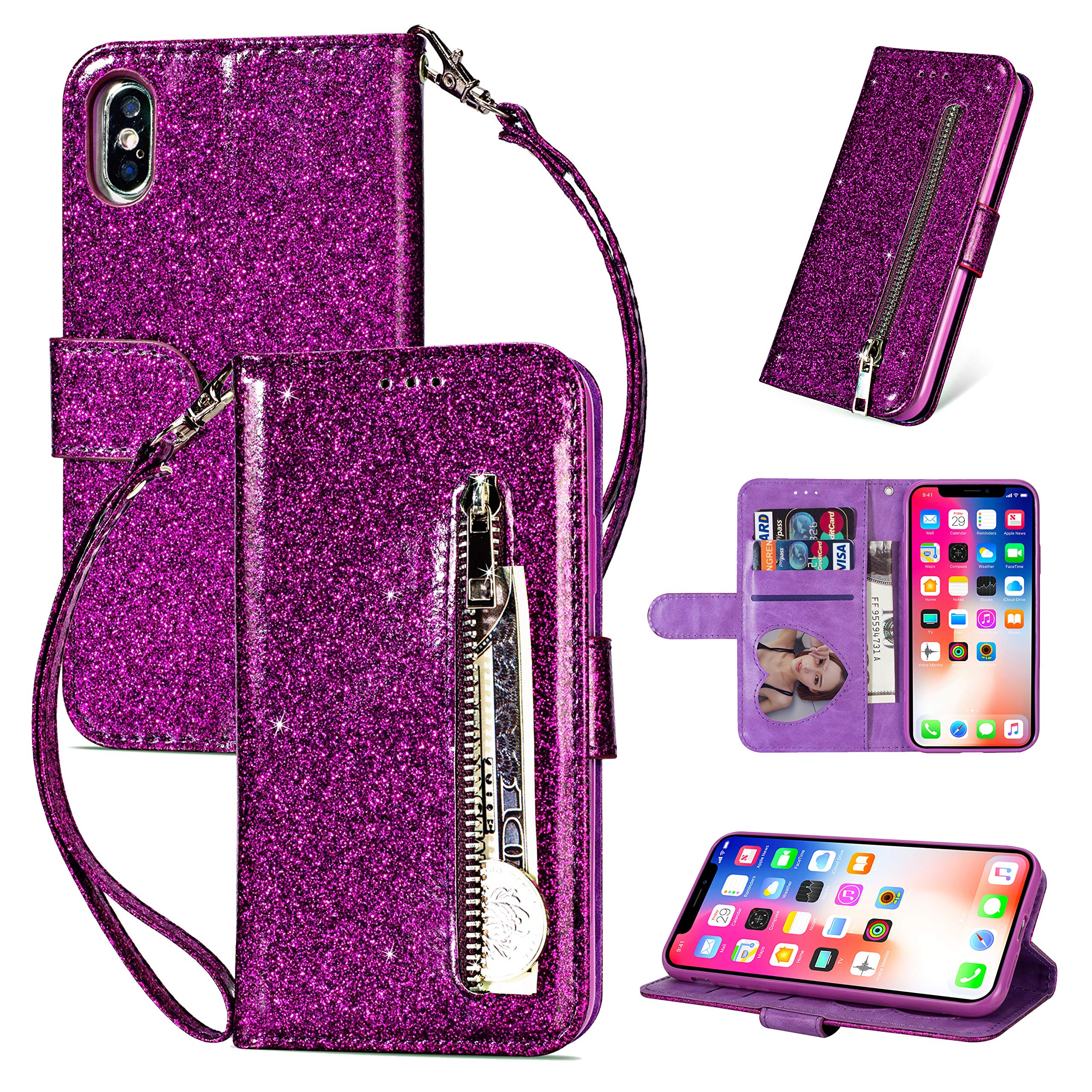 ZCDAYE Wallet Case for iPhone X iPhone XS,Bling Glitter Sparkly Zipper PU Leather Magnetic Flip Folio Card Pockets Holder with Wrist Strap Stand Protective Case Cover for iPhone X/XS - Purple
