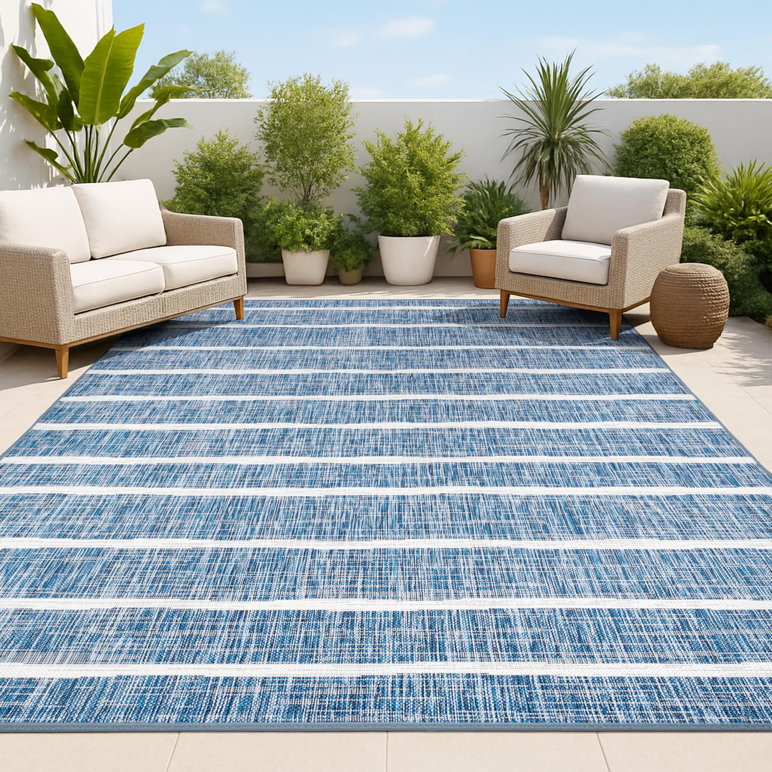 JONATHAN Y Berber Stripe Indoor Outdoor Area Rug 9X12 Blue/Ivory, Colonia for Backyard, Patio, Porch, Easy-Cleaning, High Traffic, Pet-Friendly, Non-Shedding (SMB125C-9) Image