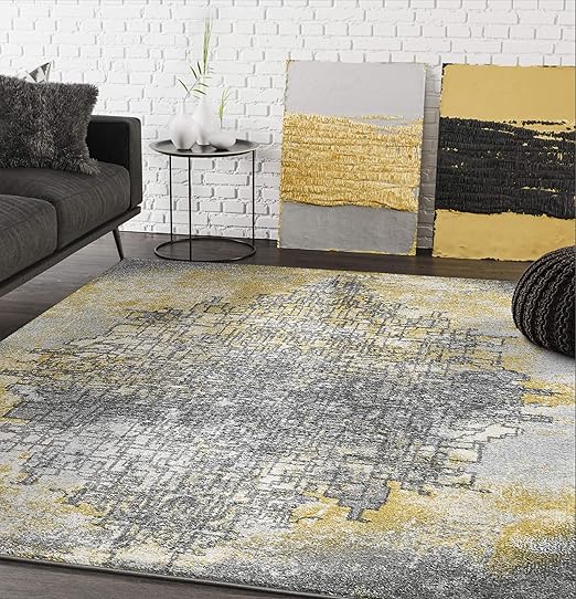 Grey & Yellow Abstract Art Area Rug, Contemporary Style