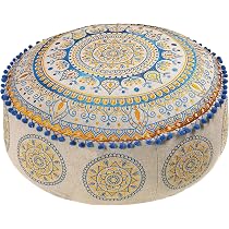 Popular Handicrafts Floor Pillow Cushion Cover - Hippie Mandala Large Round Ombre Pouf Sham - Meditation Seating Ottoman Bohemian With Pom Pom With