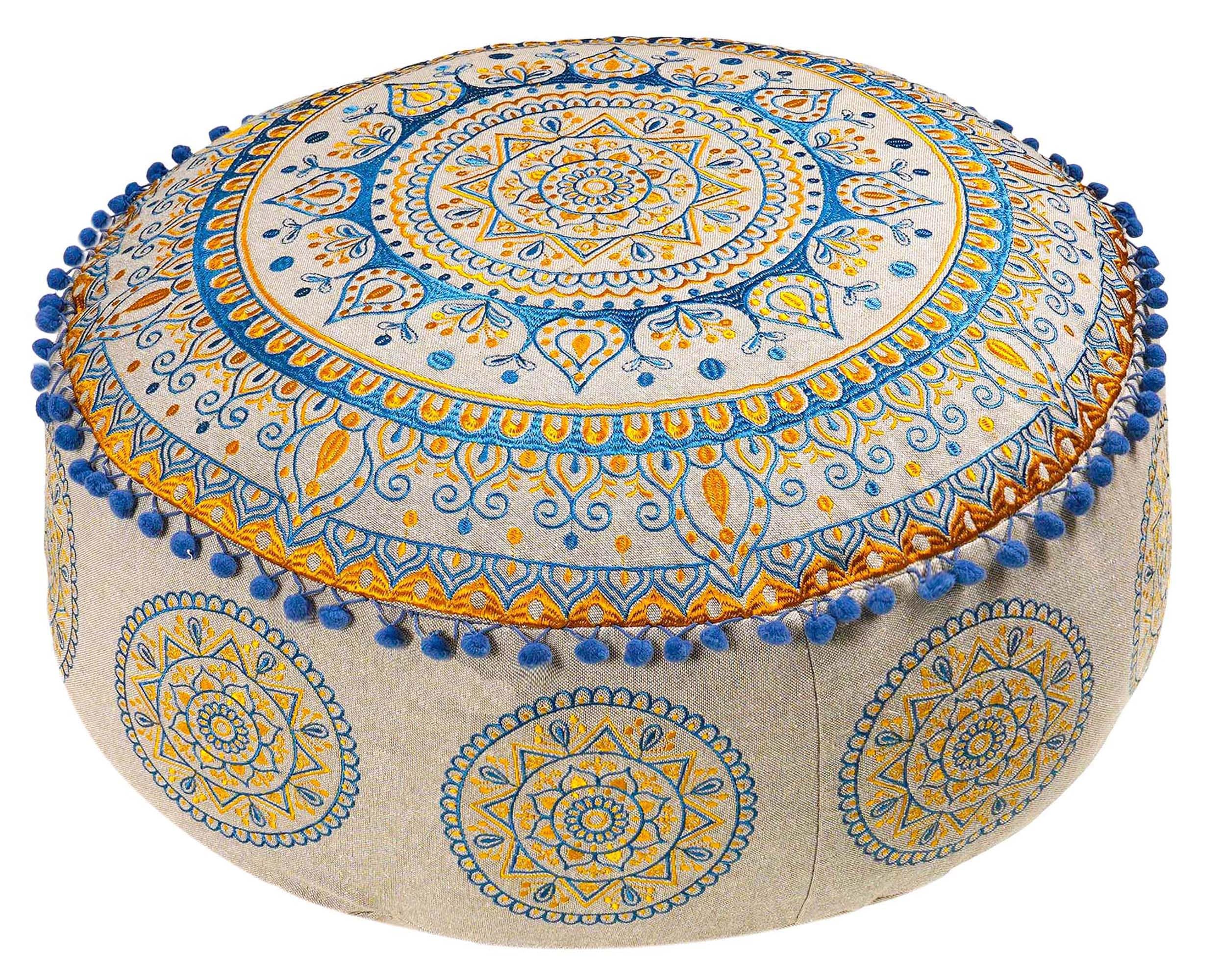 Mandala Life ART Yellow Round Velvet Pouf Cover - Digital Printed Ottoman Slipcover with Moroccan Design, 24 Inch Diameter, Ideal for Living Room, Bedroom, or Meditation Space - Floow Pillow Cushion — image 1