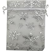 SUNGULF 50pcs Organza Pouch Bag Drawstring 5"x7" 13x18cm Strong Gift Candy Bag Jewelry Party Wedding Favor (White Snowflake)