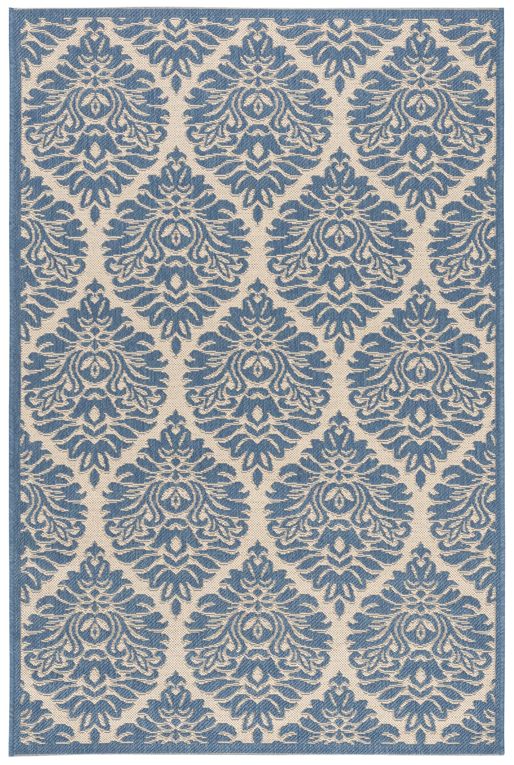 Safavieh Damask Indoor/Outdoor Woven Rectangle Area Rug, Beachhouse Collection, BHS135, in Cream / Blue, 79 X 152 cm for Garden, Patio or Any Outdoor Space
