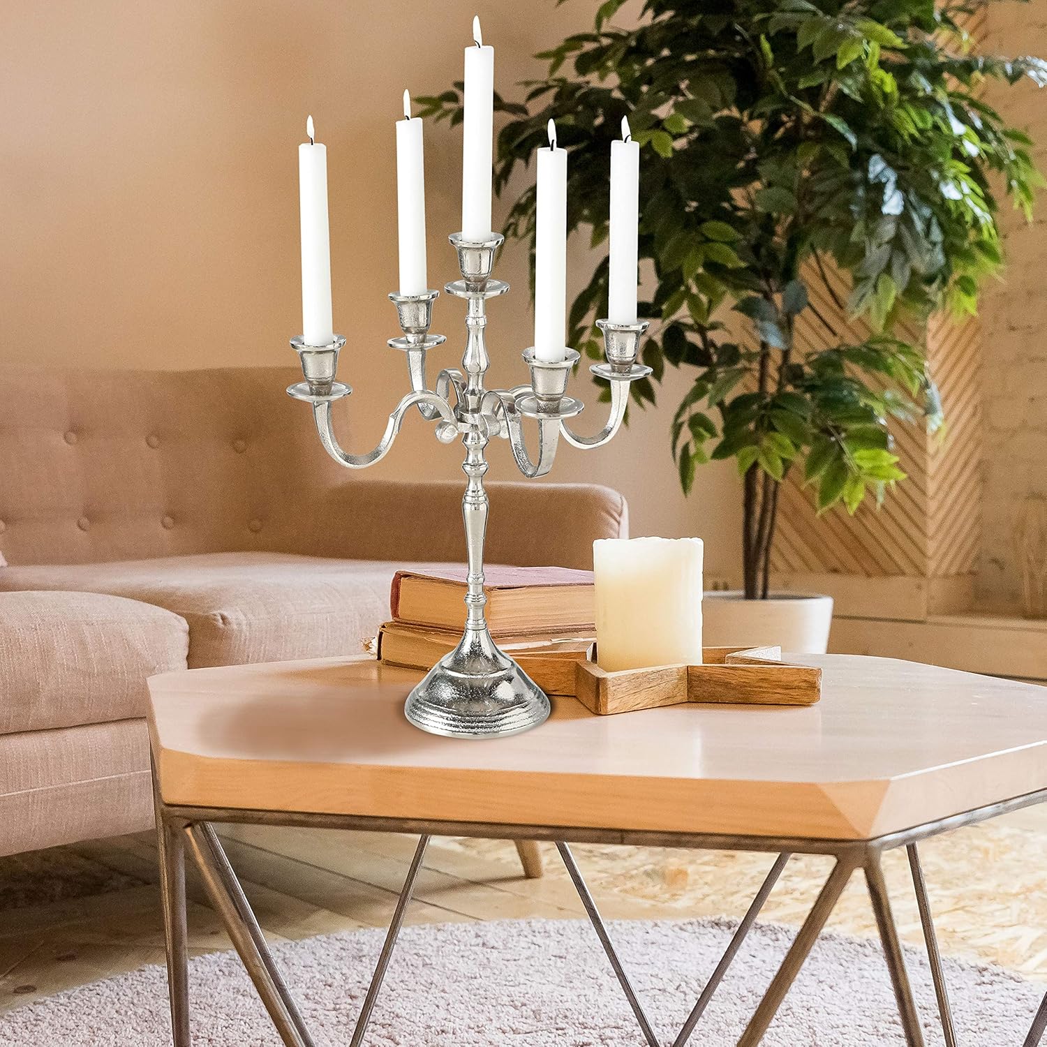 WHW Whole House Worlds Hamptons Five Candle Candelabra, Silver Finish, Centerpiece, Hand Crafted of Cast Aluminum, Atelier Craft Surface Details, Over 1 FT High, (15.75 Inches): Home & Kitchen