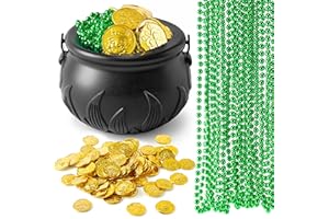 JOYIN 119 Pcs St. Patrick’s Party Supplies Set, 18 Green Bead Necklaces, 100 Plastic Coins & 1 Cauldron, St Patrick’s Day Party Favor Supply (Black Cauldron, Green Bead Necklace & Gold Coins)