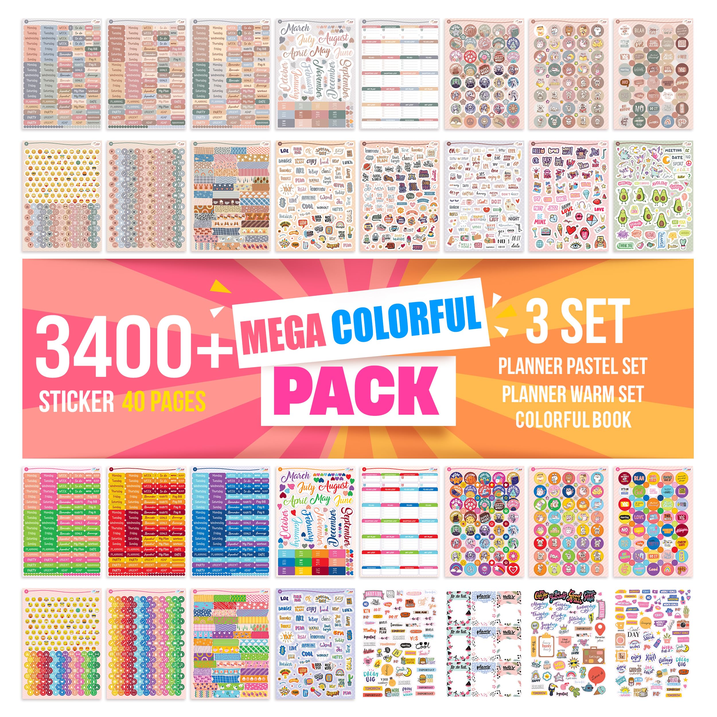 colortouch Planner Stickers Set - 3400+ Pcs - 40 Sheets Bullet Journal Stickers Set für Monatsplaner - Organizer Stickers Children, Adults, Kids, Girls, Cute Stickers Pack - Calendar, Agenda, Saisonal