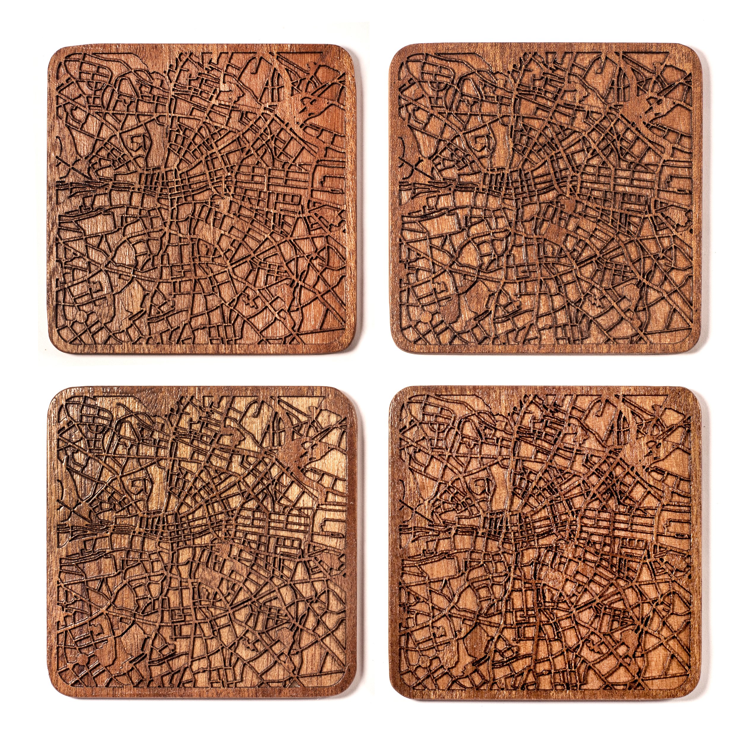 Dublin Map Coaster, Set of 4, Sapele Wooden Coaster with City Map, Handmade