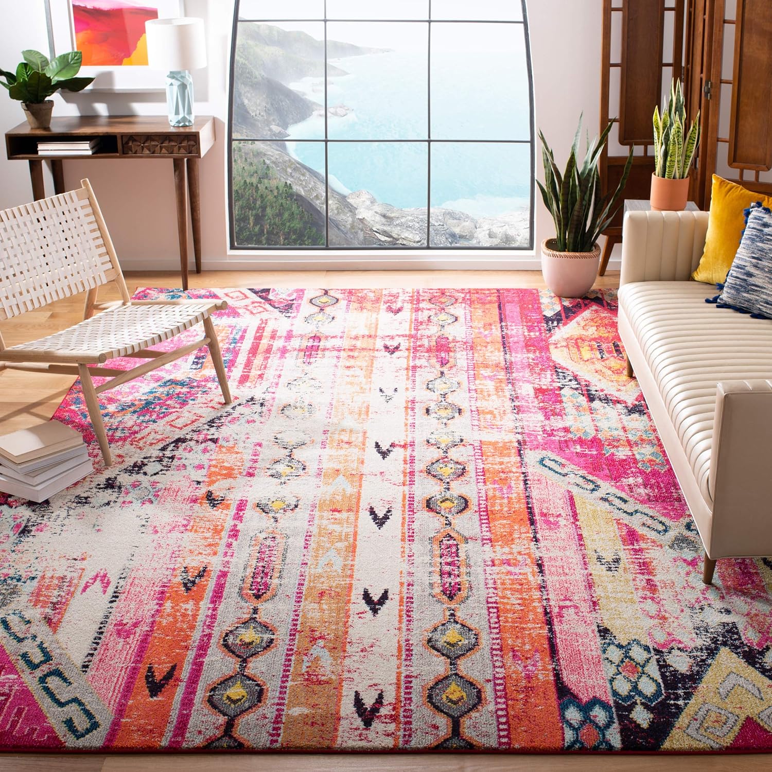 Safavieh Monaco Collection MNC222D Modern Bohemian Distressed Area Rug, 9' x 12', Magenta/Multi