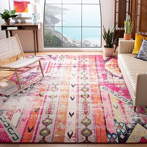 Safavieh Monaco Collection MNC222D Boho Chic Tribal Distressed Area Rug, 5'1" x 7'7", Magenta / Multi