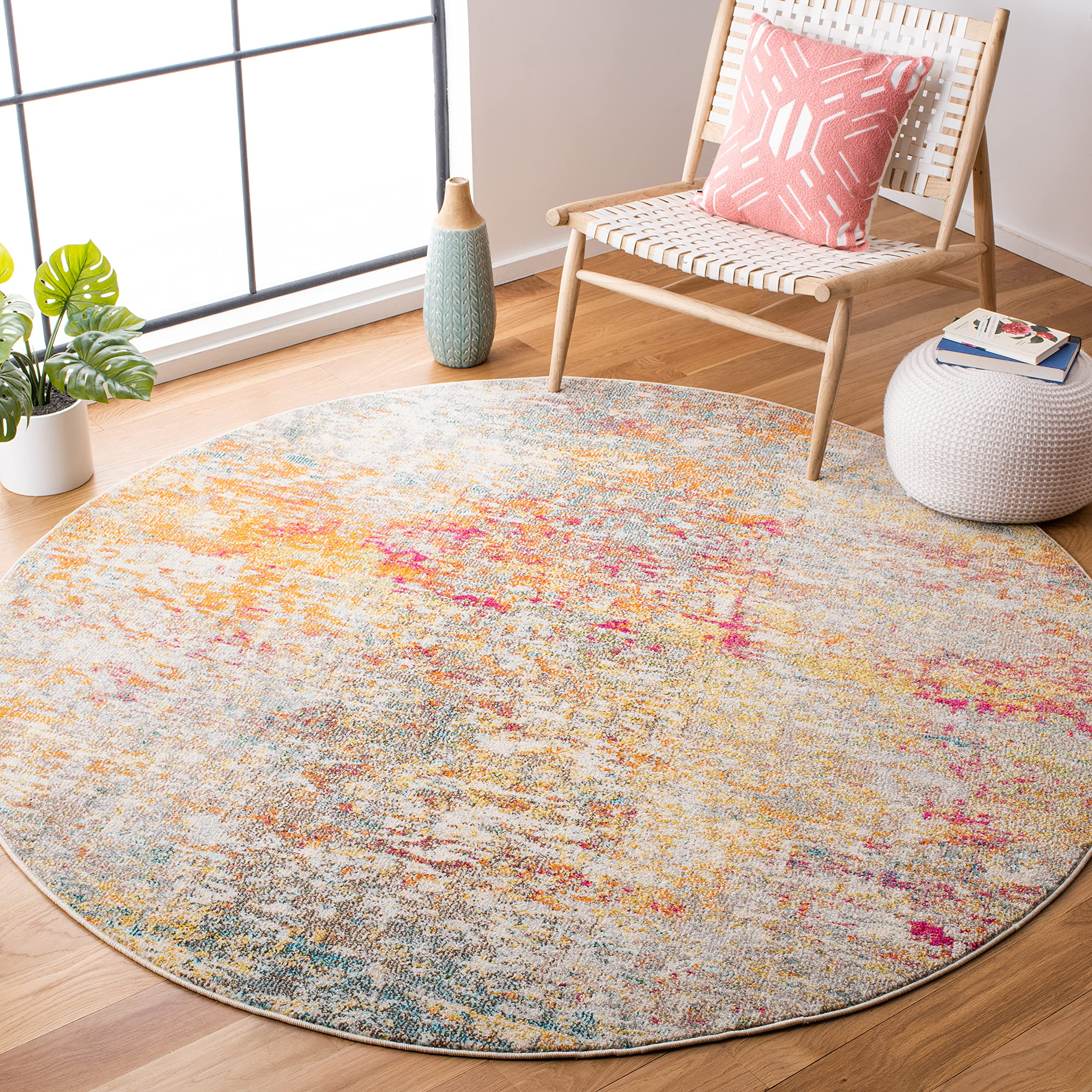 SAFAVIEH Madison Collection 12' Round Grey/Turquoise MAD460G Modern Abstract Non-Shedding Entryway Foyer Living Room Bedroom Kitchen Area Rug Image