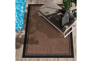 CAMILSON Indoor Outdoor Rug, 10x14 Bordered Nut Brown Black Modern Area Rugs for Indoor and Outdoor Patios, Kitchen and Hallway Mats, Washable Porch Deck Outside Carpet (Border Nut Brown Black 10x14)