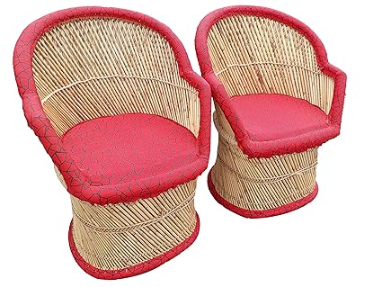 PatioStack Bamboo Leather Handicraft Outdoor Rattan & Wicker Sitting Chairs Furniture Set for Garden / Terrace / Lawn / Balcony / Restaurant / Cafe / Living Room / Drawing Room [ 2 Chairs, Size :18*18*34 ]