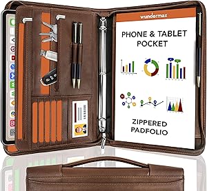 Wundermax Portfolio Padfolio 3 Three Ring Binder Document Organizer Vegan Leather Folder with Handle Legal Size Writing Pad Zipper 10.1 Inch Ipad Case Designer Business Planner for Men Women Brown