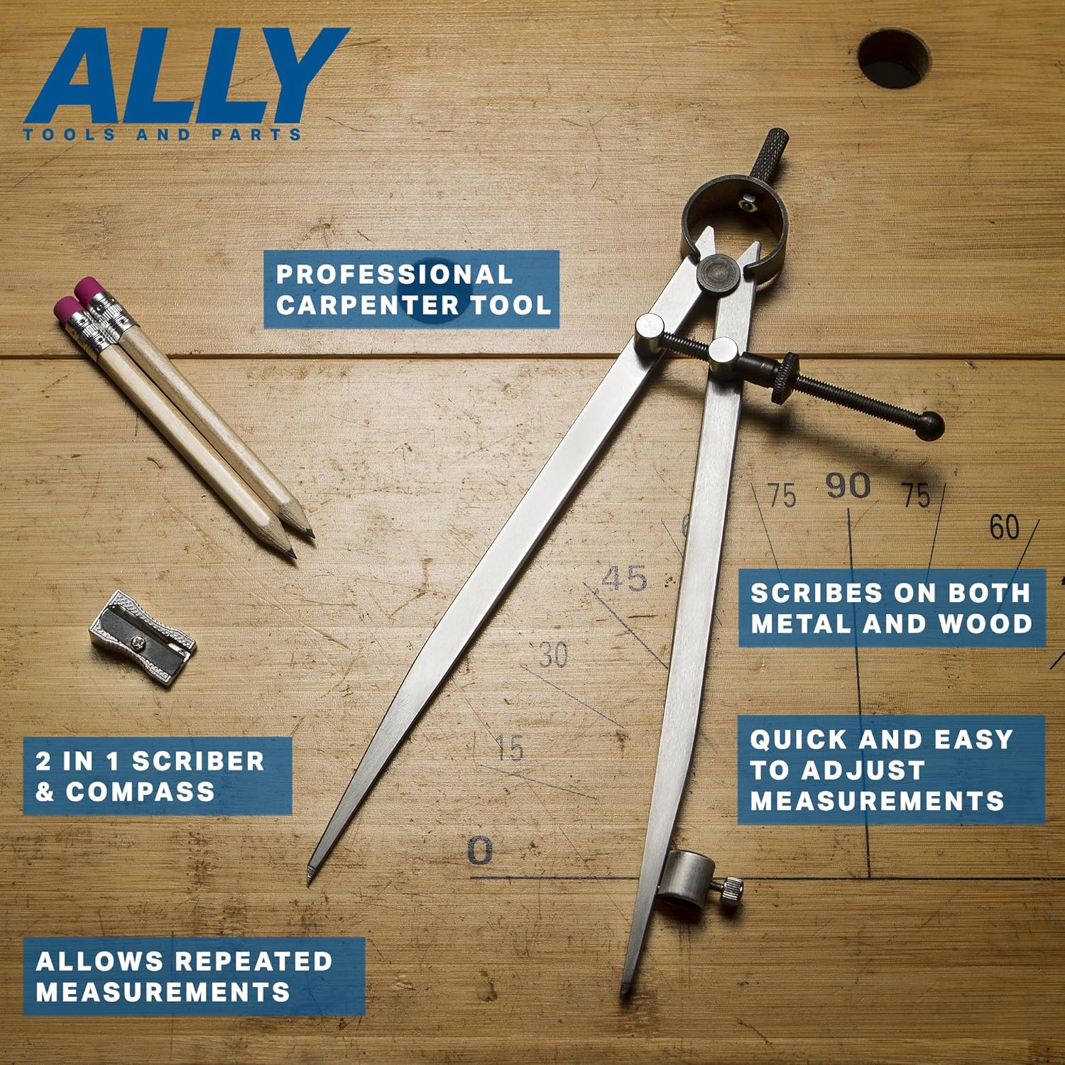 ALLY Tools 8 Inch Precision Spring Divider Scribe Tool/Woodworking Compass with Pencil Holder INCLUDES Two Pencils and Pencil Sharpener Ideal for Drawing Circles, Geometry, Wood, Metal, and Leather: Home Improvement
