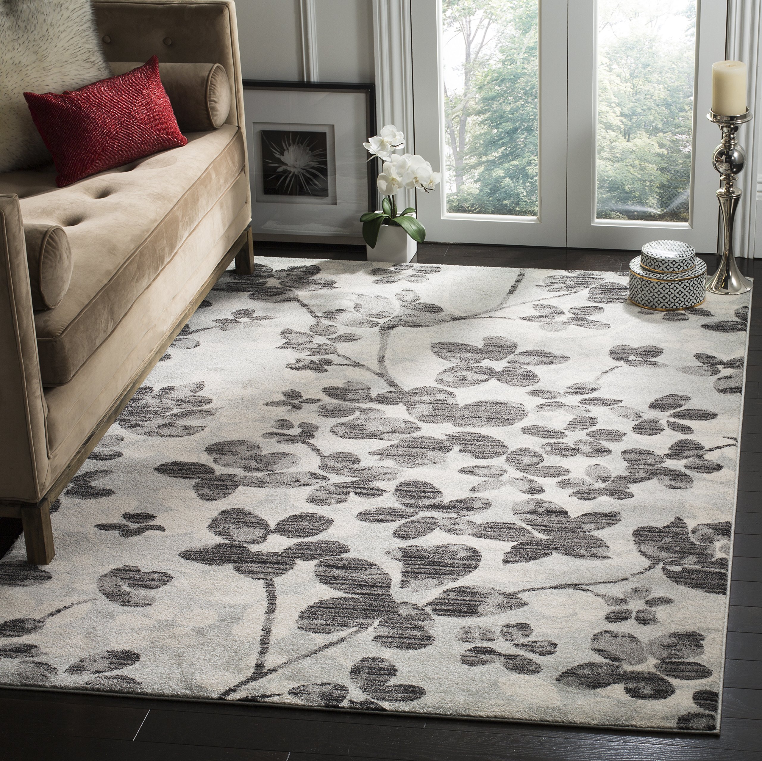 SAFAVIEH Evoke Collection 6'7" x 9' Grey/Black EVK236R Floral Non-Shedding Living Room Bedroom Dining Home Office Area Rug Image