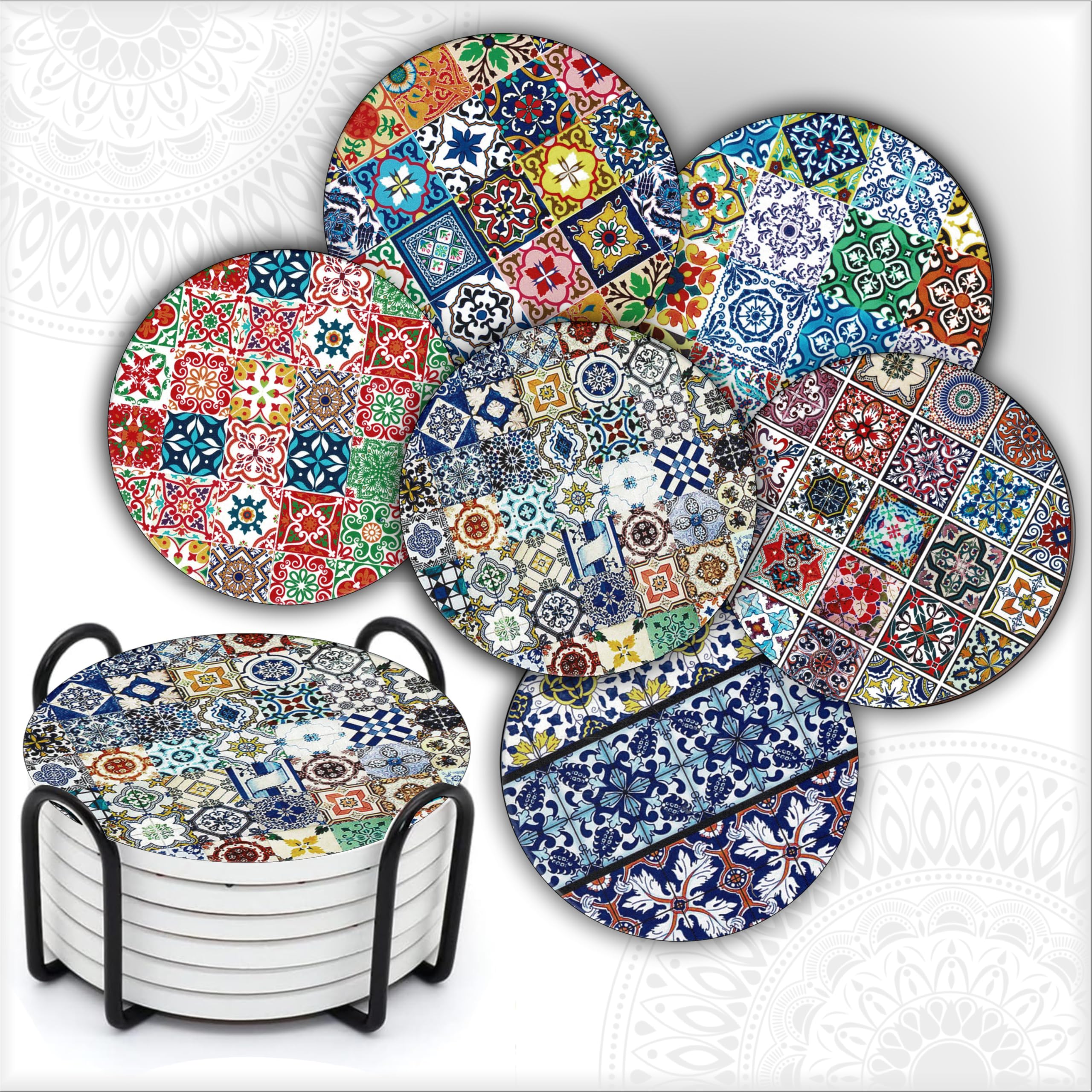 MALANGI Drink Coasters Set of 6 - Ceramic Turkish Coasters - Absorbent Giftable Coaster - Non-Scratch Top & Non-Slip Cork Base (Style 6 with stand)