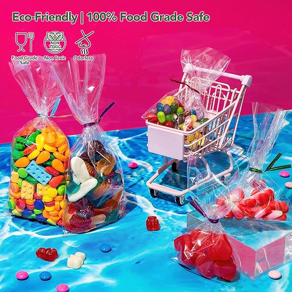 SEAL FRESH CELLOPHANE TREAT BAGS WITH 4″ HOLOGRAPHIC LASER TWIST TIES (5 COLORS) – 4″ X 9″ (500 COUNT) – CLEAR CELLOPHANE BAGS, CELLOPHANE GIFT BAGS, PARTY FAVOR BAGS, COOKIE BAGS FOR PACKAGING