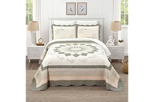 Modern Heirloom Harper Green Floral Embroidered Quilted Bedspread - Lightweight Breathable All Seasons Bedding, Queen Size