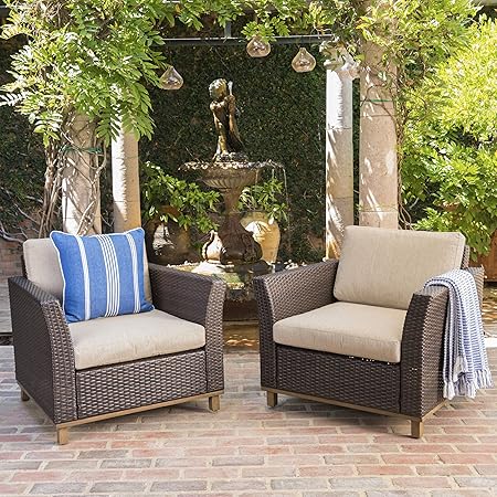 Amazon Com Grady Outdoor Aluminum Framed Mix Brown Wicker Club Chairs With Mixed Beige Water Resistant Cushions Set Of 2 Garden Outdoor