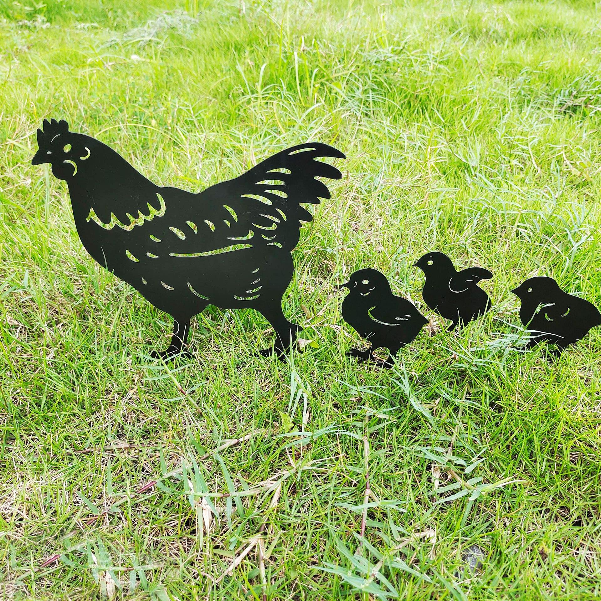 4 Pieces Metal Chicken Garden Metal Stakes, Hollow Garden Animal Ornament, Outdoor Decorative Stake Accessories And Lawn Ornaments - Ornamental Gardening Stakes For Decoration. (Black)
