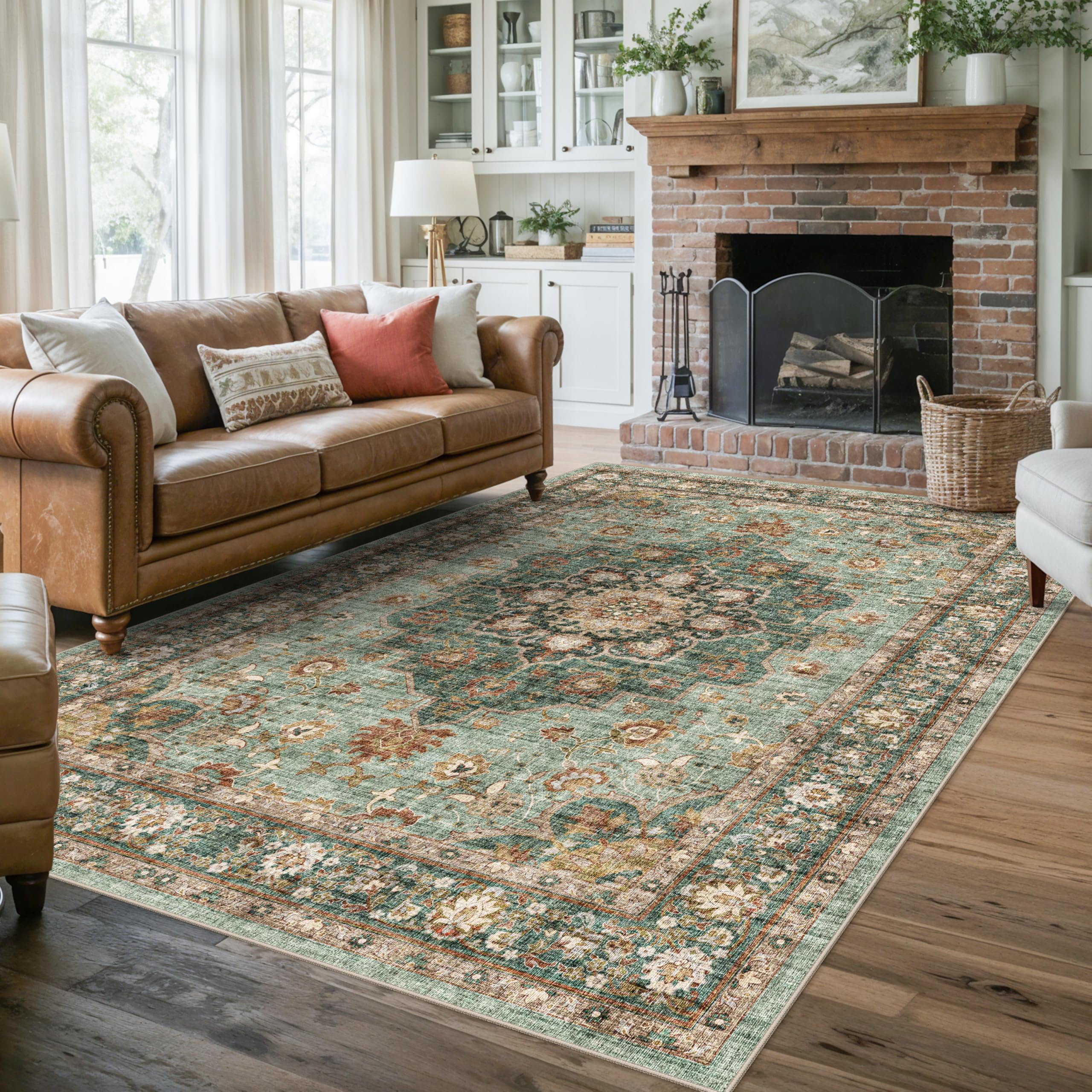 TOPRUUG Washable Oriental Area Rug - 6x9 Rugs for Living Room Soft Carpet for Bedroom Waterproof Floral Distressed Indoor Stain Resistant Non-Shedding Floor Carpets (Green, 6x9) Image