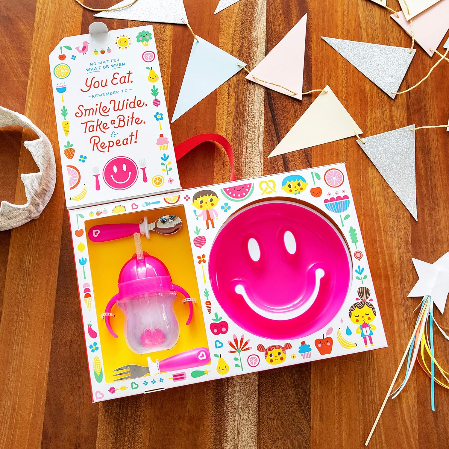 Munchkin Be Happy Toddler Dining Set Includes Suction Plate Straw Cup and Utensil Set, Pink, 4 Count (Pack of 1) - Image 3