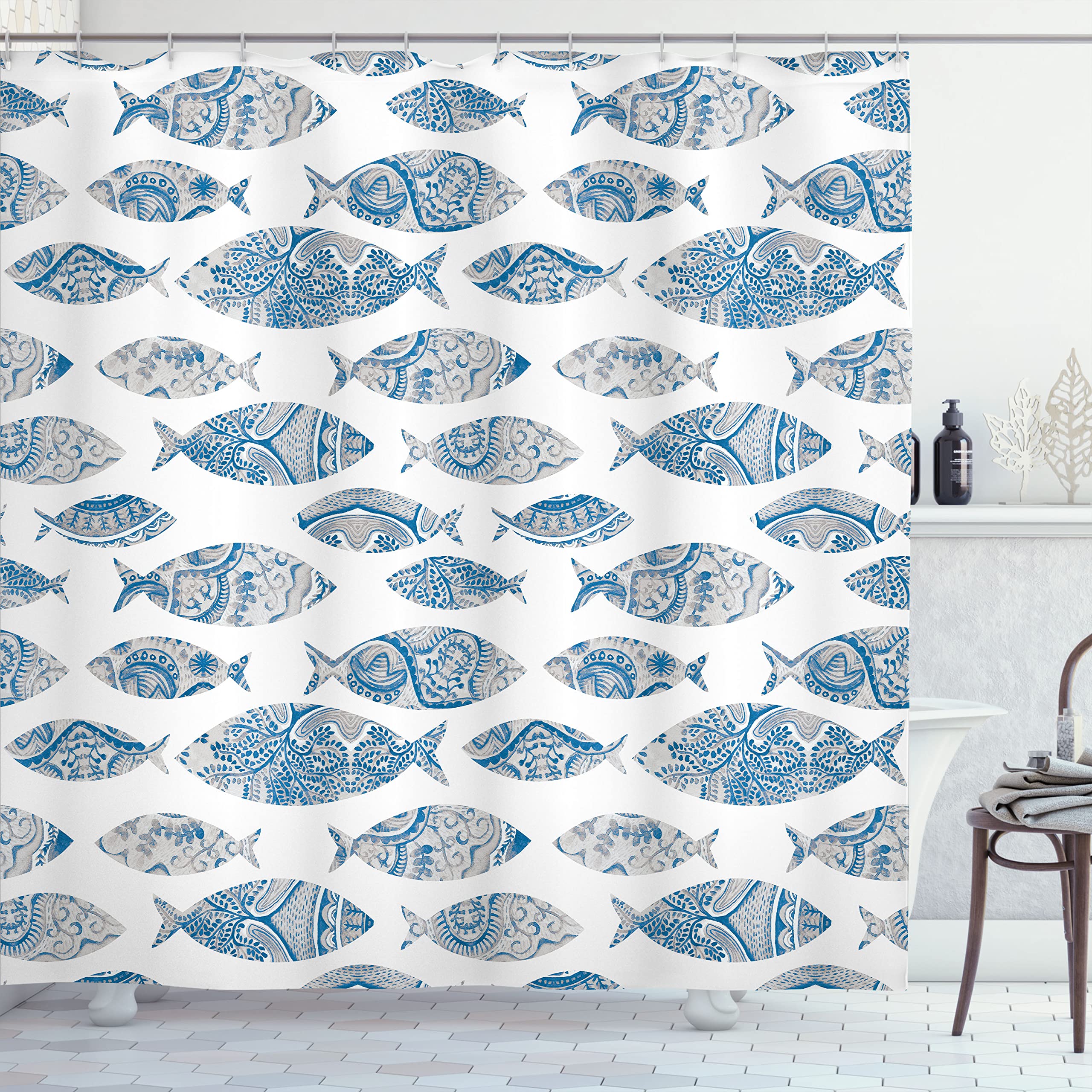 ABAKUHAUS Nautical Shower Curtain, Fish Sea Animal with Ottoman Ornate Mosaic Hand Drawn Style Marine Artwork, Cloth Fabric Bathroom Decor Set with Hooks, 175 x 180 cm, Azure Blue Dust