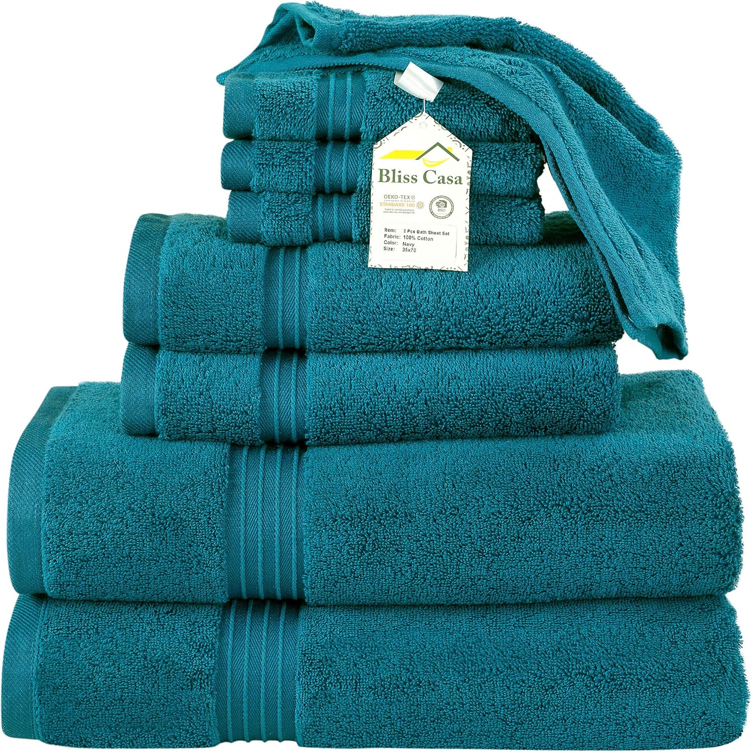 Bliss Casa 8 Piece Bath Towels Set Premium Quality Highly Absorbent Combed Cotton Luxury Towels Includes 2 Bath Towels, 2 Hand Towels and 4 Washcloths (Navy): Home & Kitchen